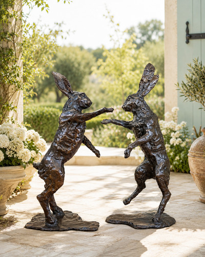 Bronze boxing hares sculptures - bronze,